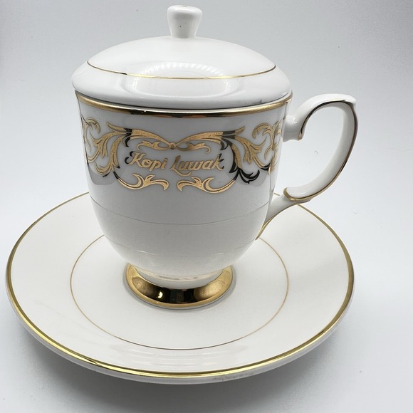 Kopi Luwak Other - Vintage Hankook Ceramic Kopi Luwak Lidded Coffee Cup Saucer Set Gold Trim Rare